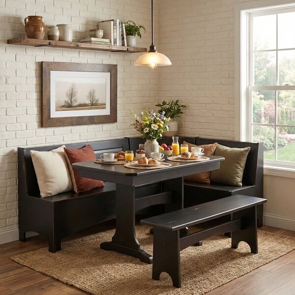Corner Banquette Dining Set with Charcoal Finish and Pedestal Base