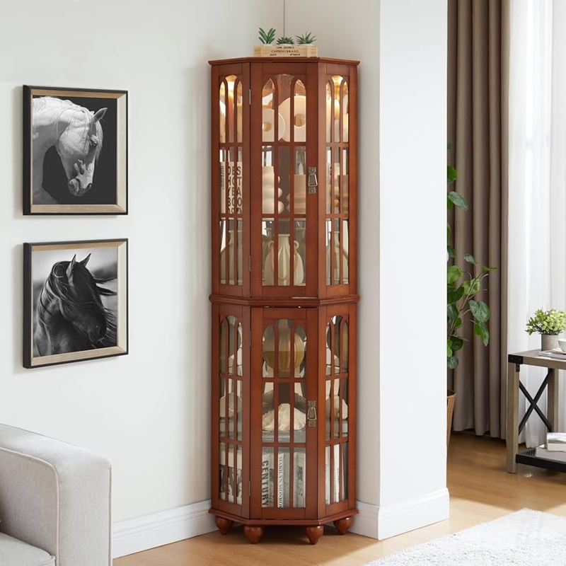 Corner Curio Cabinet Traditional Walnut Arched Glass Lighted Mirrored Back