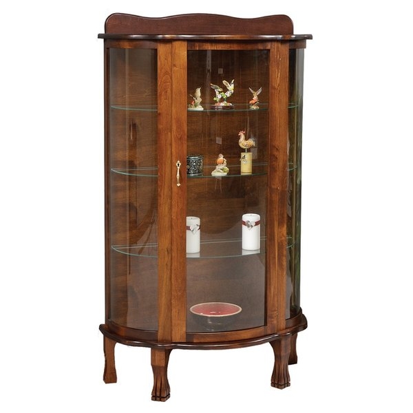 Corner Curio Cabinet with Curved Glass Front and Arched Pediment