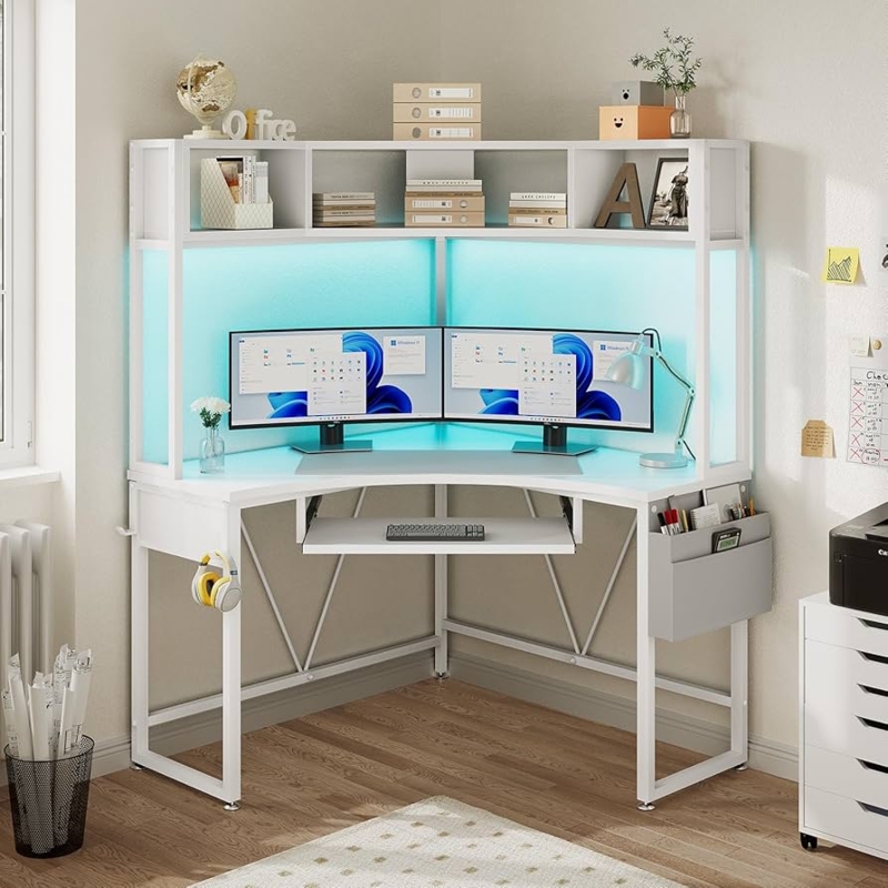Corner Desk White with Turquoise LED Backlighting and Headphone Hook