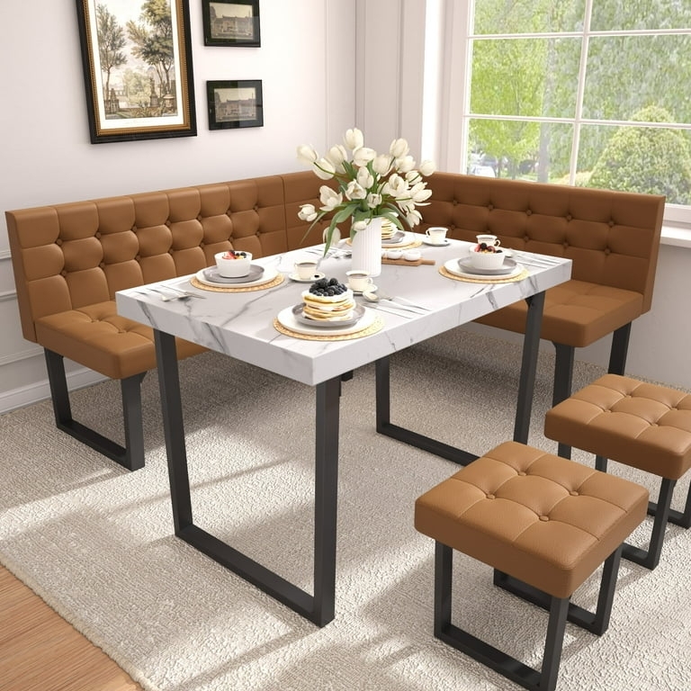 Corner Dining Nook Set with Tan Tufted Bench & Marble-Look Table