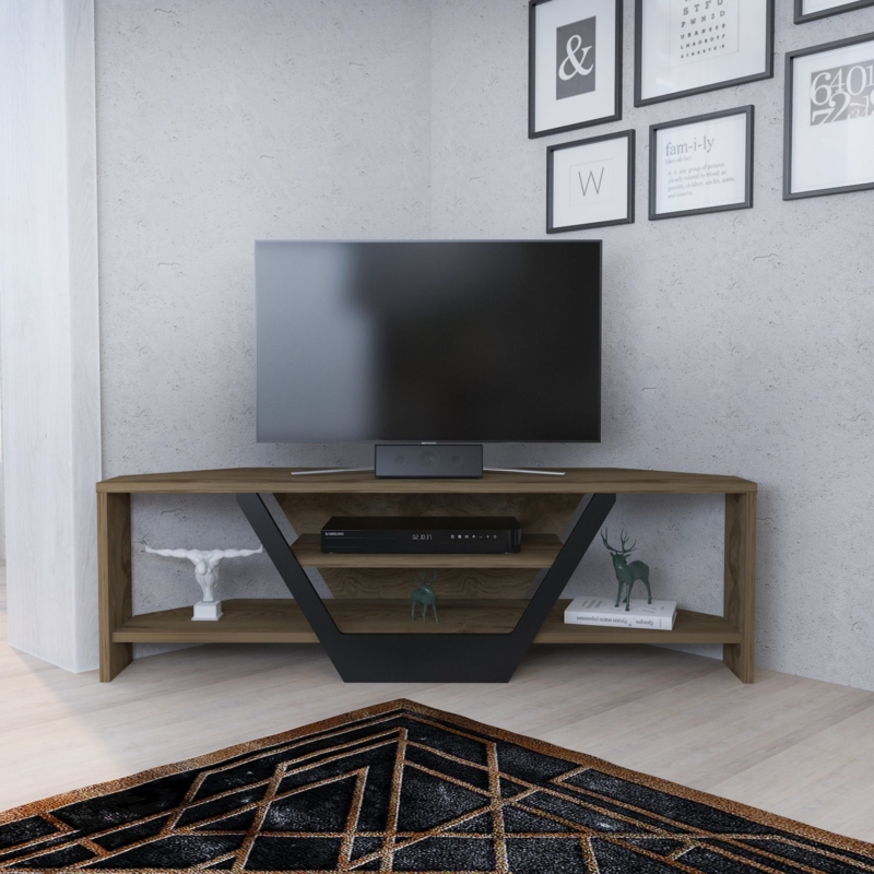 Corner Entertainment Center Medium Wood V-Shaped Support Open Shelf