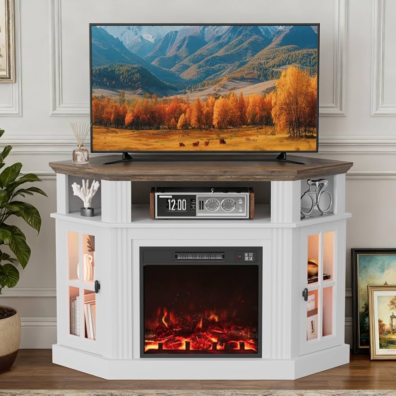 Corner Fireplace TV Stand Antique Finish Lit Glass Cabinets Wood Top