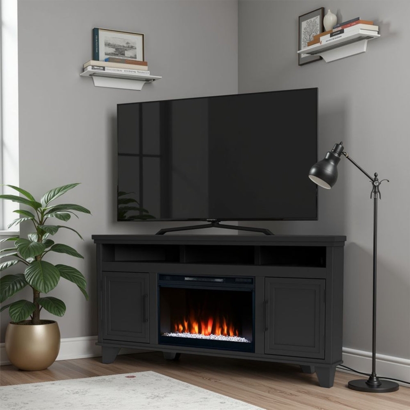 Corner Fireplace TV Stand Charcoal Finish Space Saving Design