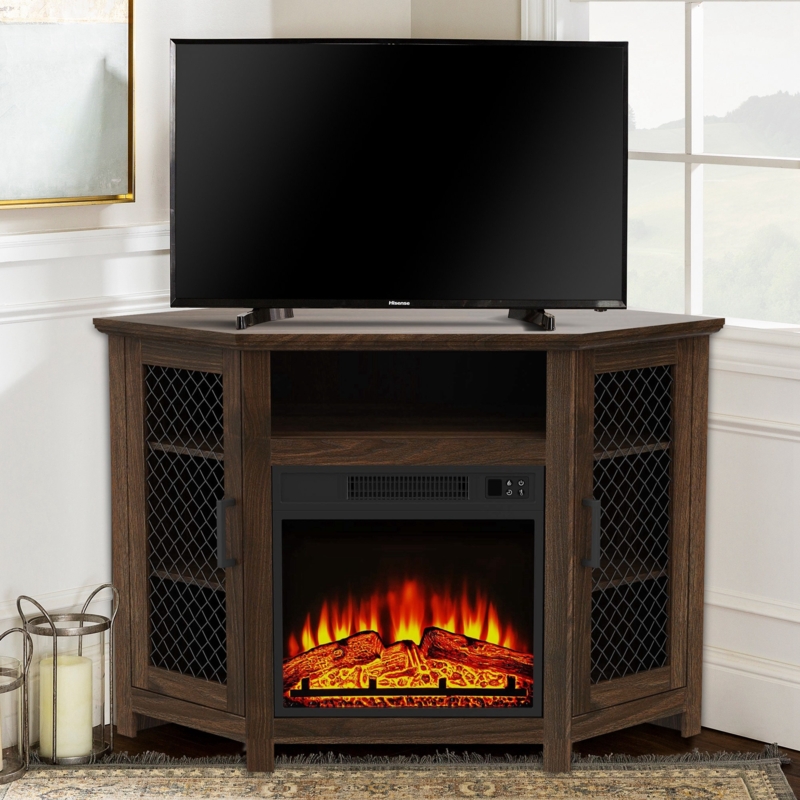 Corner Fireplace TV Stand Espresso Brown with Metal Mesh Doors