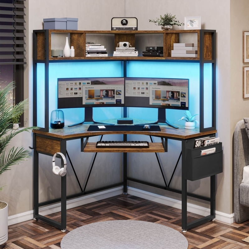 Corner Gaming Desk with LED, Four Cubby Hutch and Side Storage Pouch