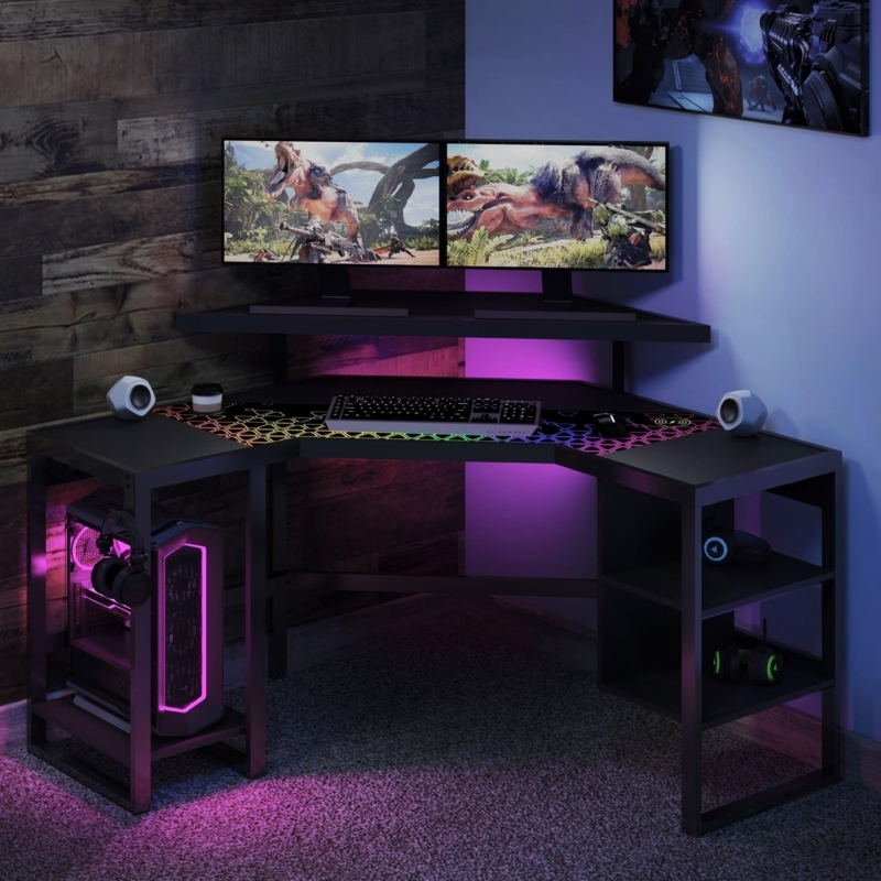 Corner Gaming Desk with Monitor Shelf and PC Stand