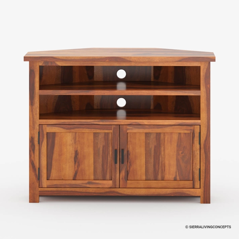 Corner Media Console Rich Grain Variation, Honey Brown Wood Cabinet