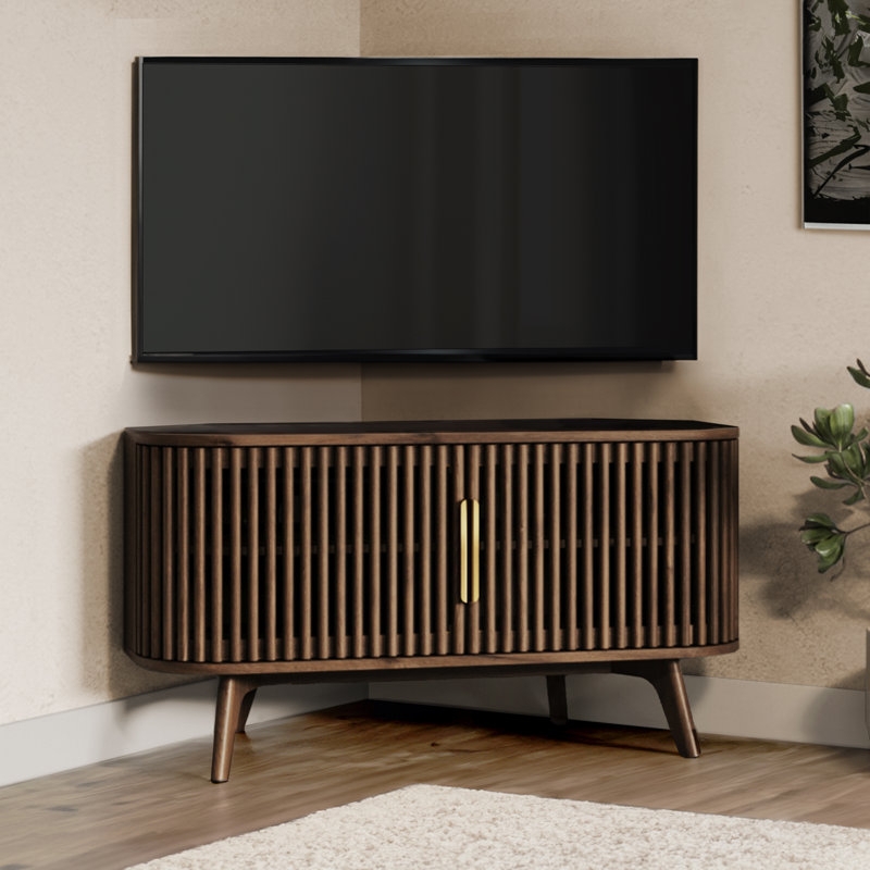 Corner Media Console Vertical Slats Mid Century Walnut Wood Tapered Legs