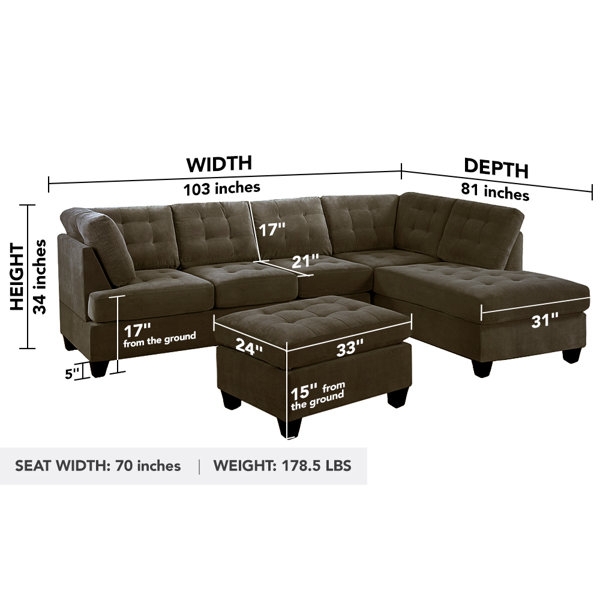 Corner Sectional Sofa with Tufted Seat and Back Cushions plus Ottoman