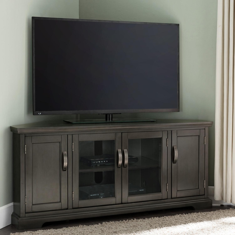 Corner TV Console Charcoal Grey Glass Doors Transitional Media Cabinet