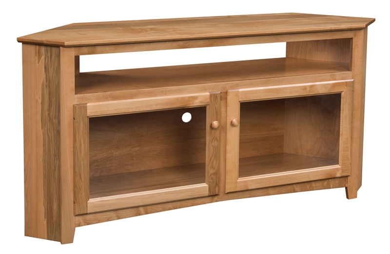 Corner TV Console with Wooden Knobs, Light Brown Glass Doors