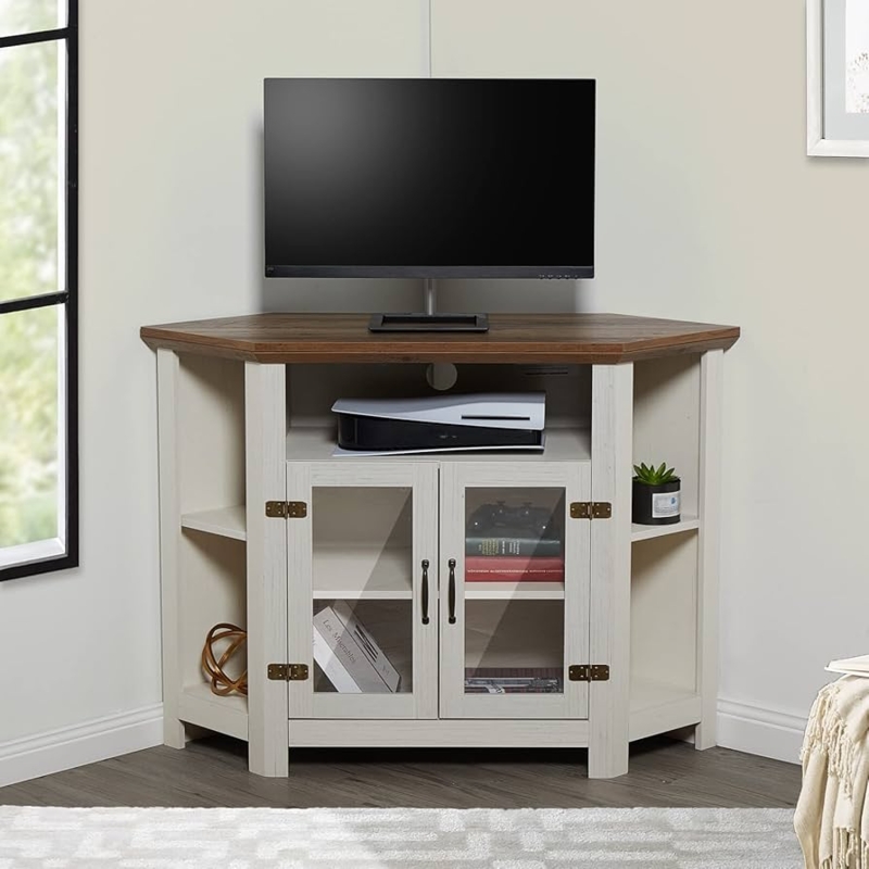 Corner TV Stand Contrasting Wood Top, Distressed White Glass Doors