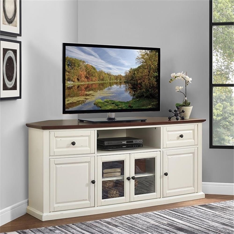Corner TV Stand Distressed White Mahogany Top Glass Doors Cottage Style