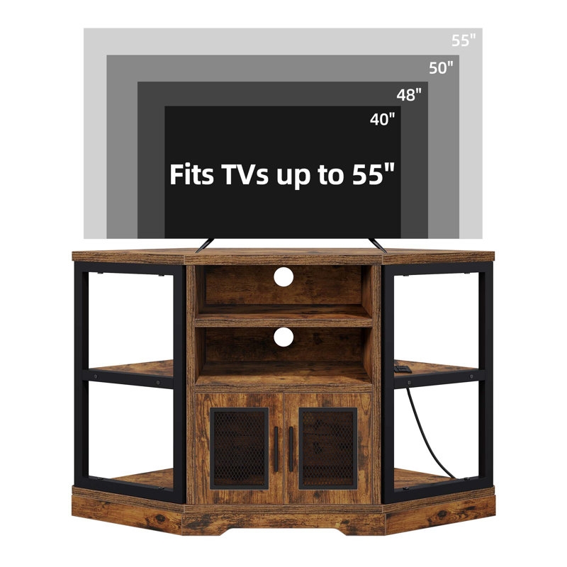 Corner TV Stand Distressed Wood Grain, Industrial Mesh Doors