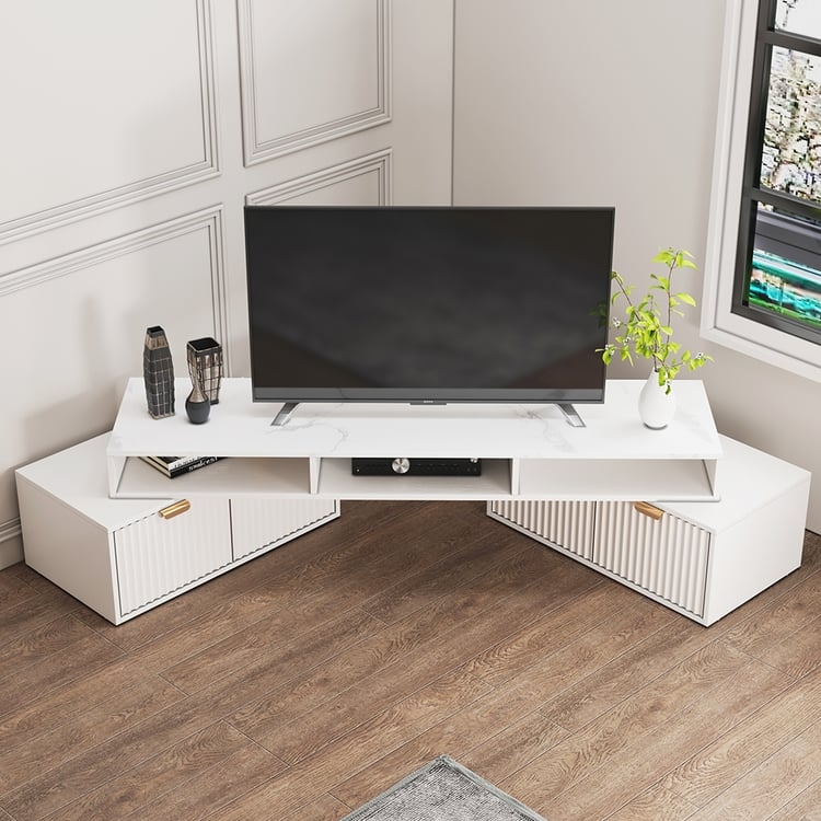 Corner TV Stand Fluted Drawer Fronts Marble Look Top Gold Handles Glam