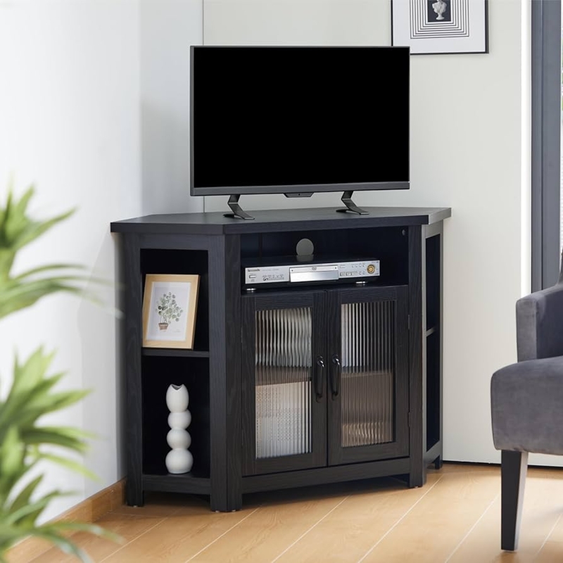Corner TV Stand Fluted Glass Doors, Black Contemporary Console