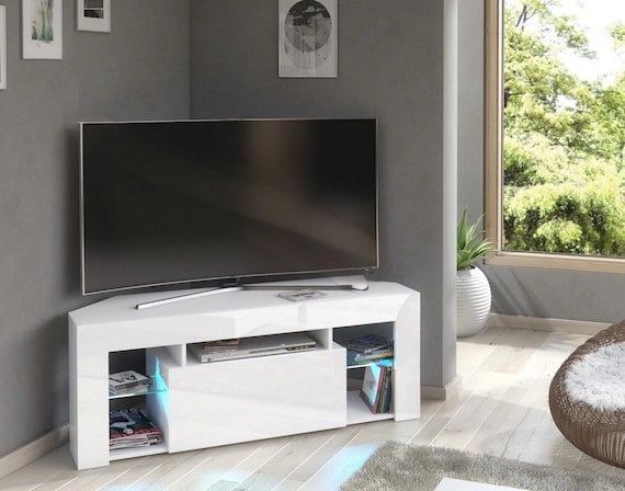 Corner TV Stand High Gloss Finish LED Lighting Modern Handleless Design