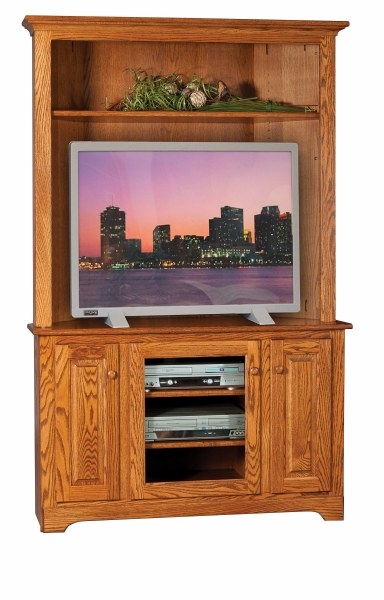 Corner TV Stand Hutch Oak Finish Traditional Raised Paneling
