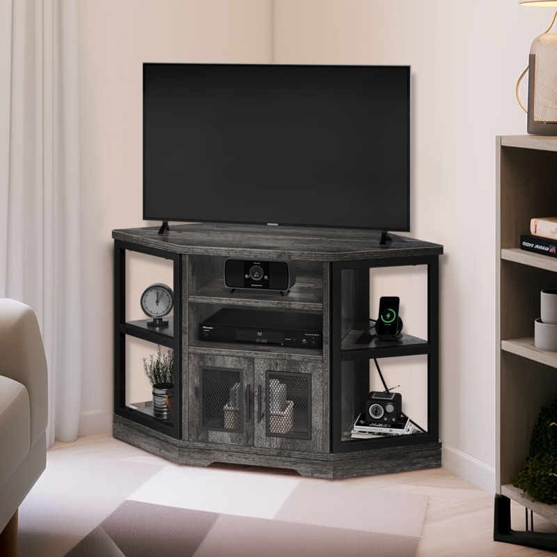 Corner TV Stand Mesh Cabinet Doors Rustic Mesh Door Media Console