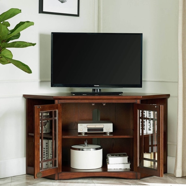 Corner TV Stand Mission Style Oak Finish Divided Lite Glass Doors