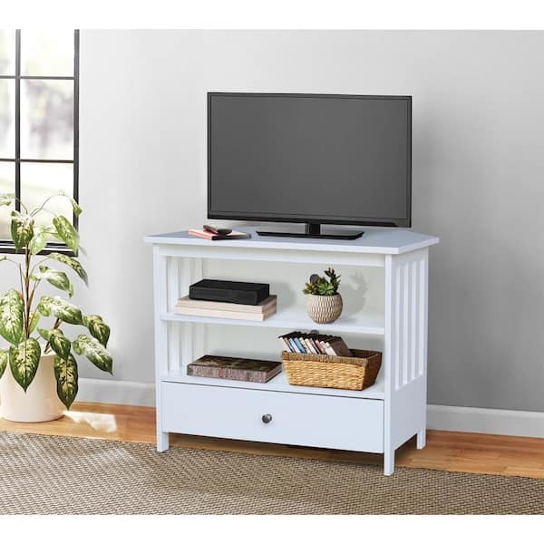 Corner TV Stand Mission Style Slatted Sides Storage Drawer White Finish