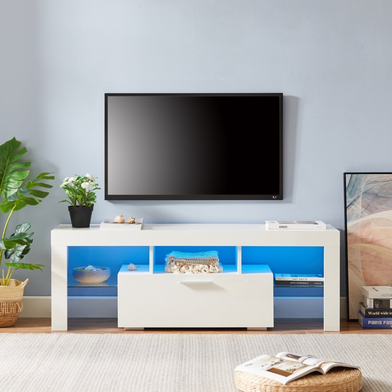 Corner TV Stand Modern Blue LED Lighting Glass Shelves Minimalist Style