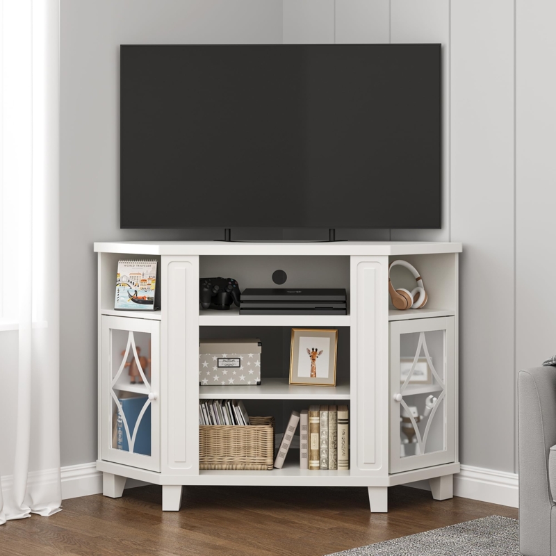 Corner TV Stand Satin White Finish X-Molding Glass Doors Tapered Legs