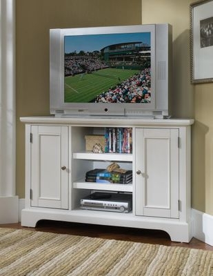Corner TV Stand Traditional Recessed Panel Doors Molded Trim Matte Finish
