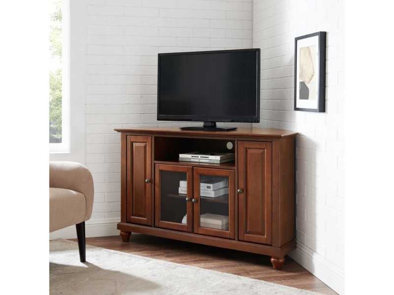 Corner TV Stand Warm Brown Finish Bun Feet Traditional Media Console