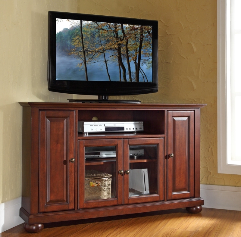 Corner TV Stand with Bun Feet, Glass Doors, Traditional Console