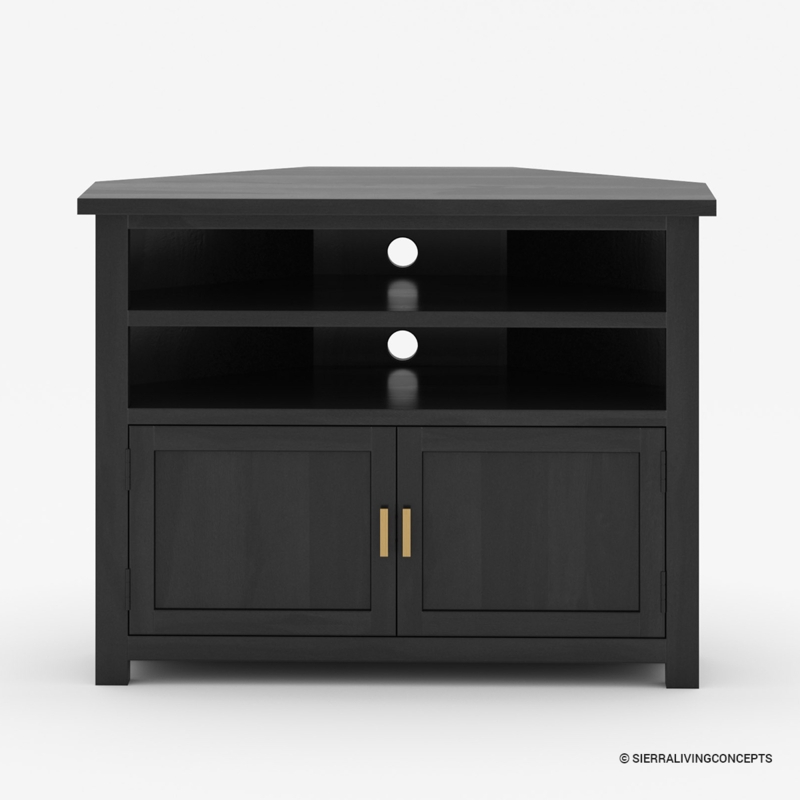 Corner TV Stand with Gold Pulls, Dark Charcoal Contemporary Console