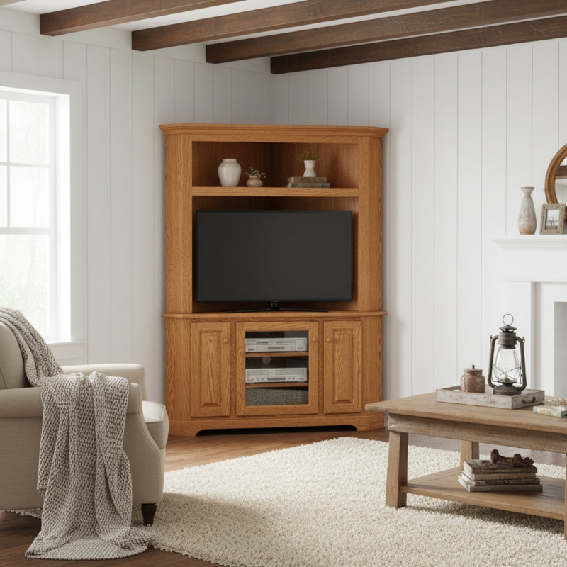 Corner TV Stand with Integrated Hutch and Honey Oak Finish