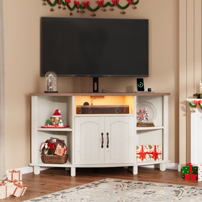 Corner Tv Stand with Integrated Mount, Whitewashed Farmhouse LED Cubby.