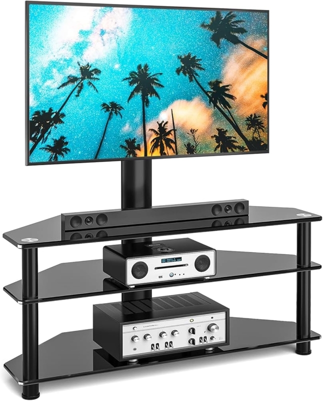Corner TV Stand with Mount, Three-Tier Black Glass Shelves and Swivel