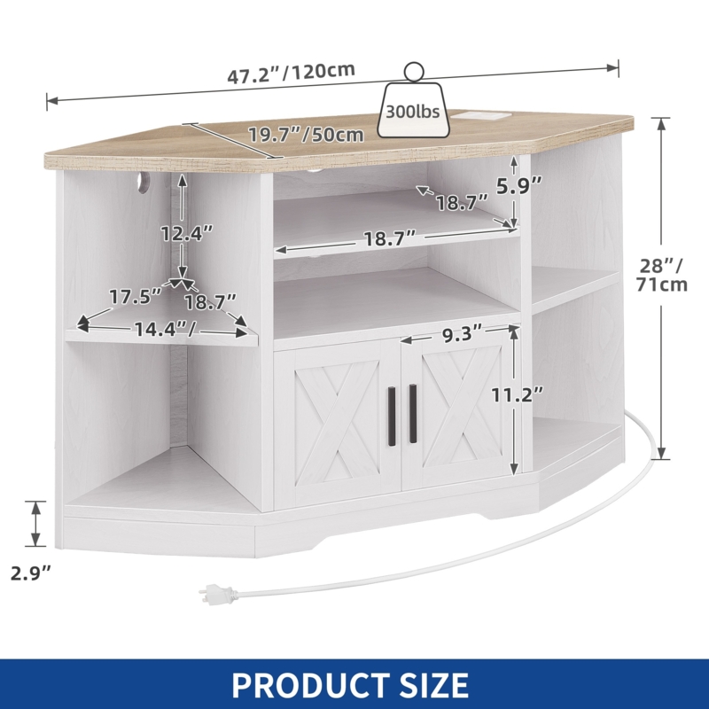 Corner TV Stand with Power Outlet, White Farmhouse Media Console
