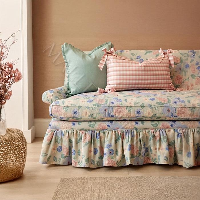 Cottage Style Garden Settee, Vibrant Botanical Print, Ruffled Skirt