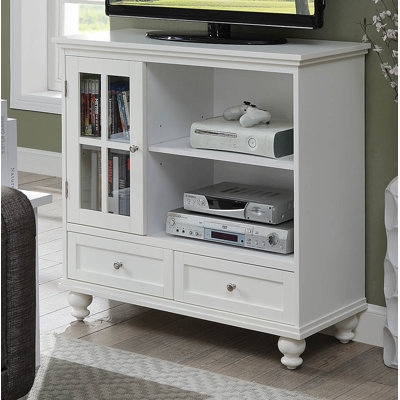 Cottage TV Stand Glass Door Bun Feet White Finish