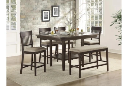 Counter Height Dining Bench, Dark Wood & Beige Upholstered Seat
