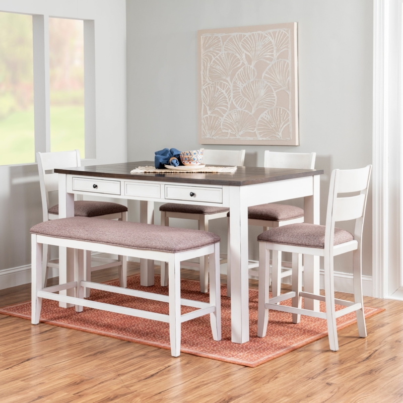 Counter Height Dining Set Built-In Drawers Ladder Back Bench Two Tone