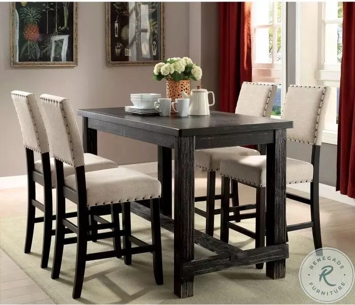 Counter Height Dining Set, Distressed Black, Nailhead Trim Stools
