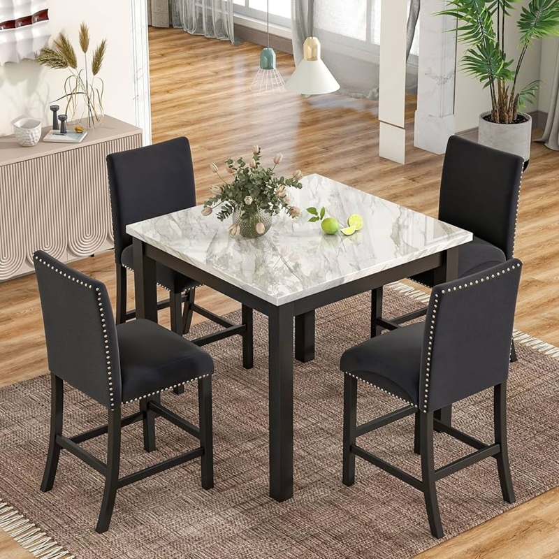 Counter Height Dining Set Faux Marble Top Nailhead Trim