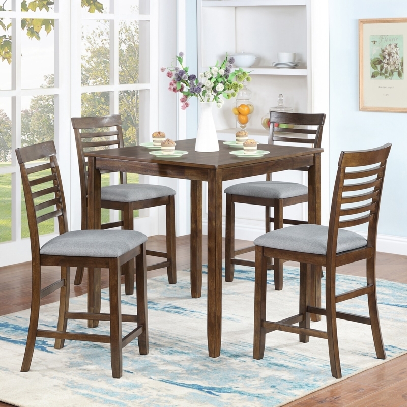Counter Height Dining Set Ladder Back Espresso Wood Gray Seats