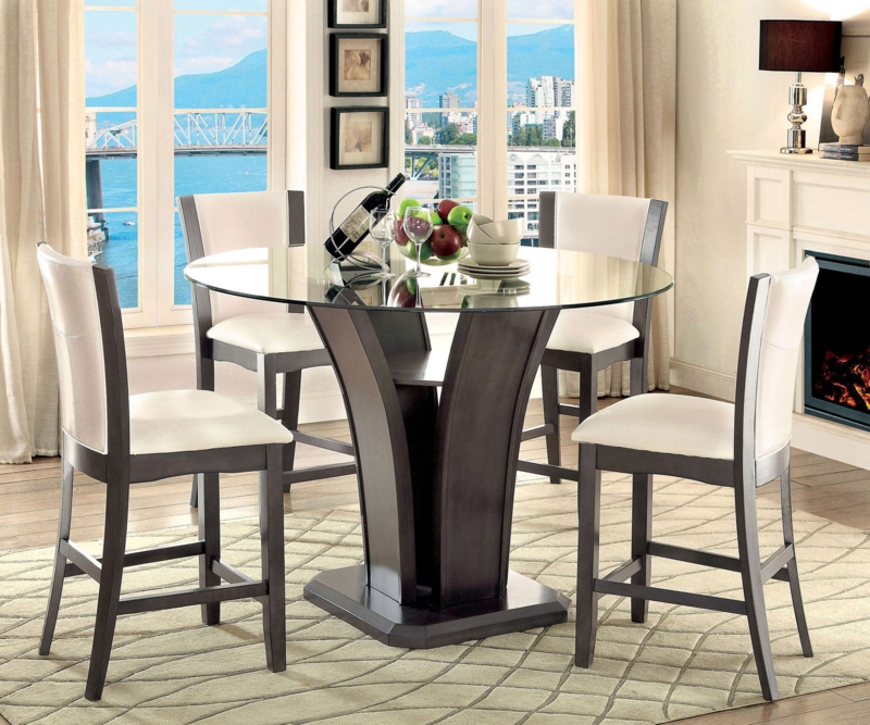 Counter Height Dining Set: Round Glass Table, Flared Pedestal Base