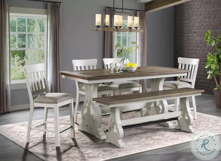 Counter Height Dining Set Rustic White Trestle Base with Backless Bench