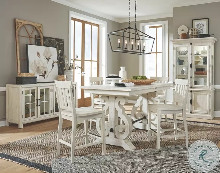 Counter Height Dining Set Scrolled Trestle Base Whitewashed Distressed