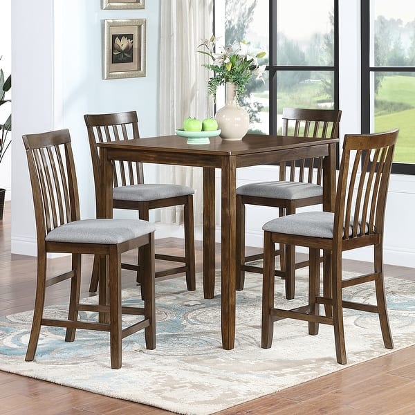 Counter Height Dining Set Slat Back Warm Brown Gray Upholstery