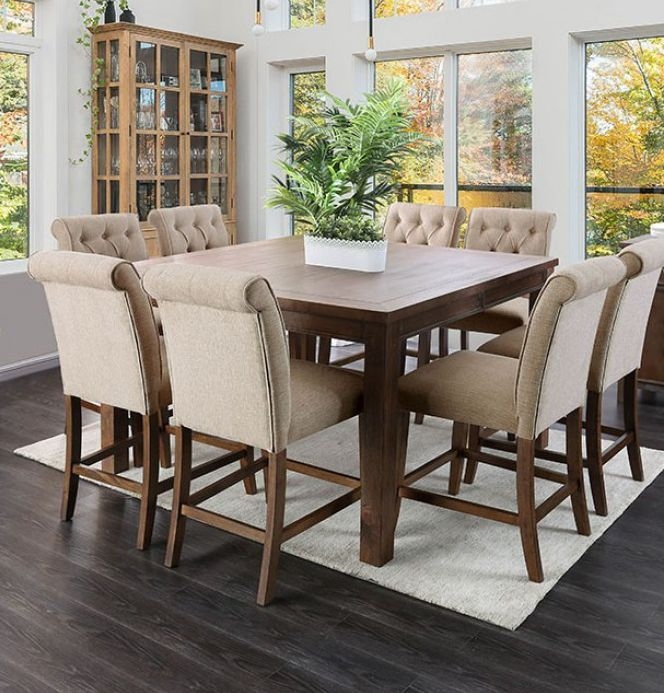 Counter Height Dining Set Square Table Tufted Rolled Back Chairs