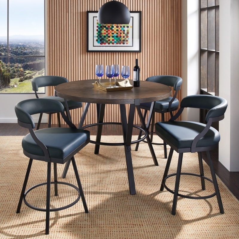 Counter Height Dining Set, Teal Upholstery, Curved Open Back, Metal Frame.