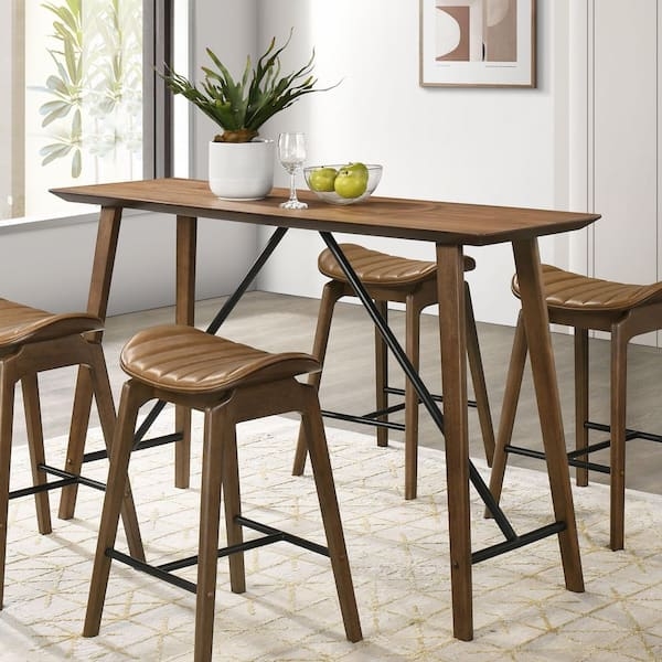 Counter Height Dining Set Walnut Channeled Tan Seats Tapered Legs